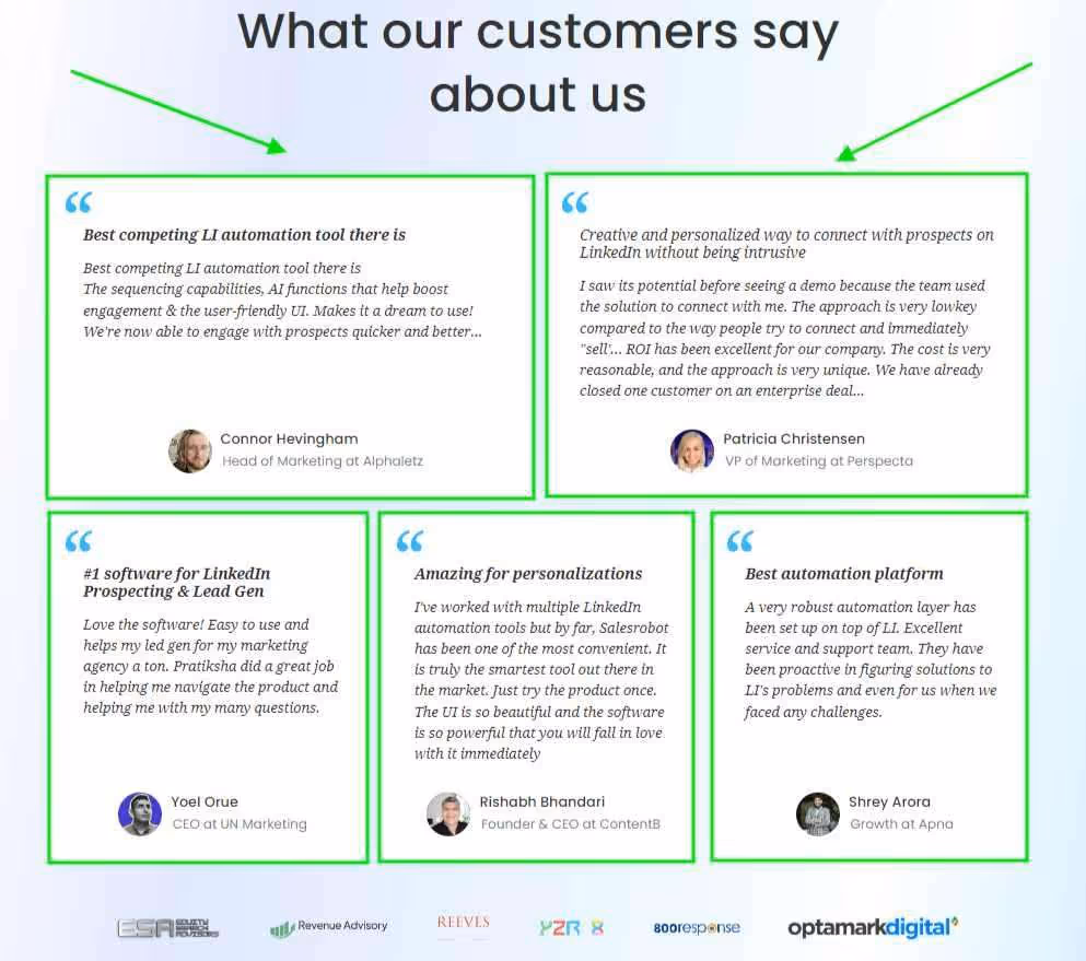 A collection of testimonials about SalesRobot.