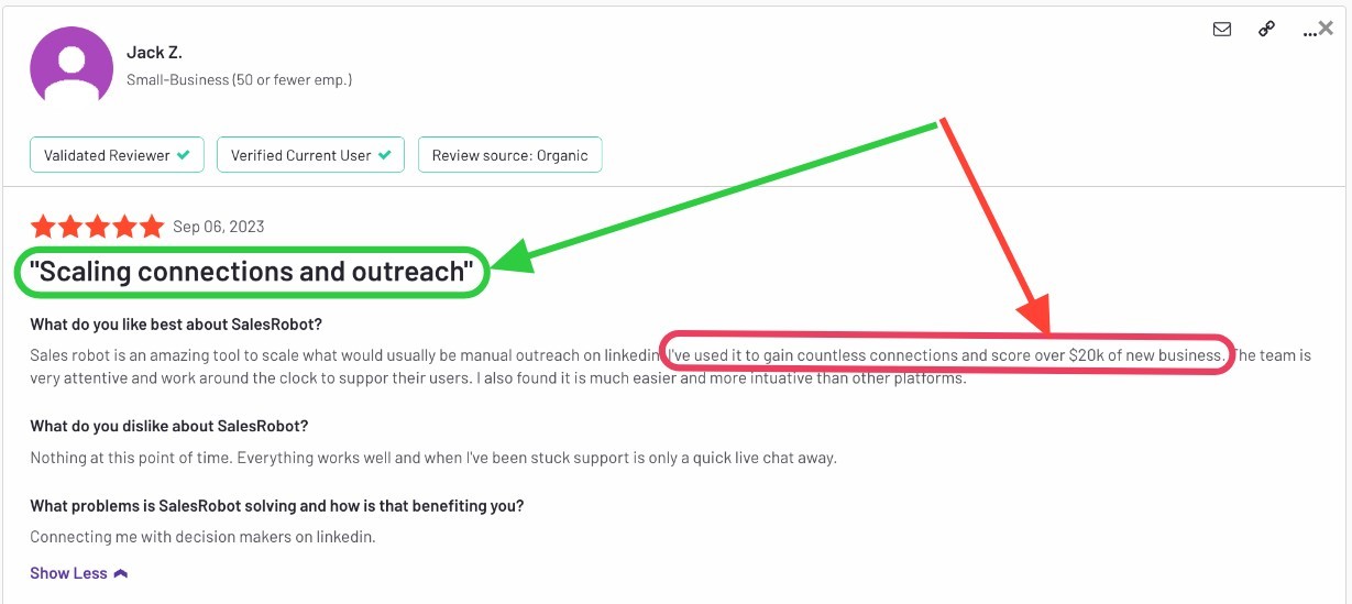 Customer review highlighting 'scaling connections and outreach' and new business gained.
