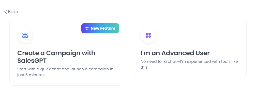 Options to create a campaign with SalesGPT or for advanced users.
