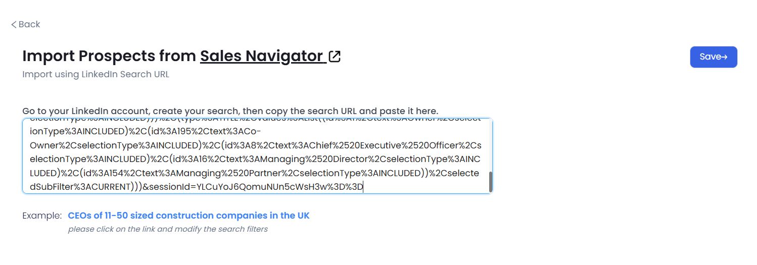 Screenshot of Sales Navigator import screen.