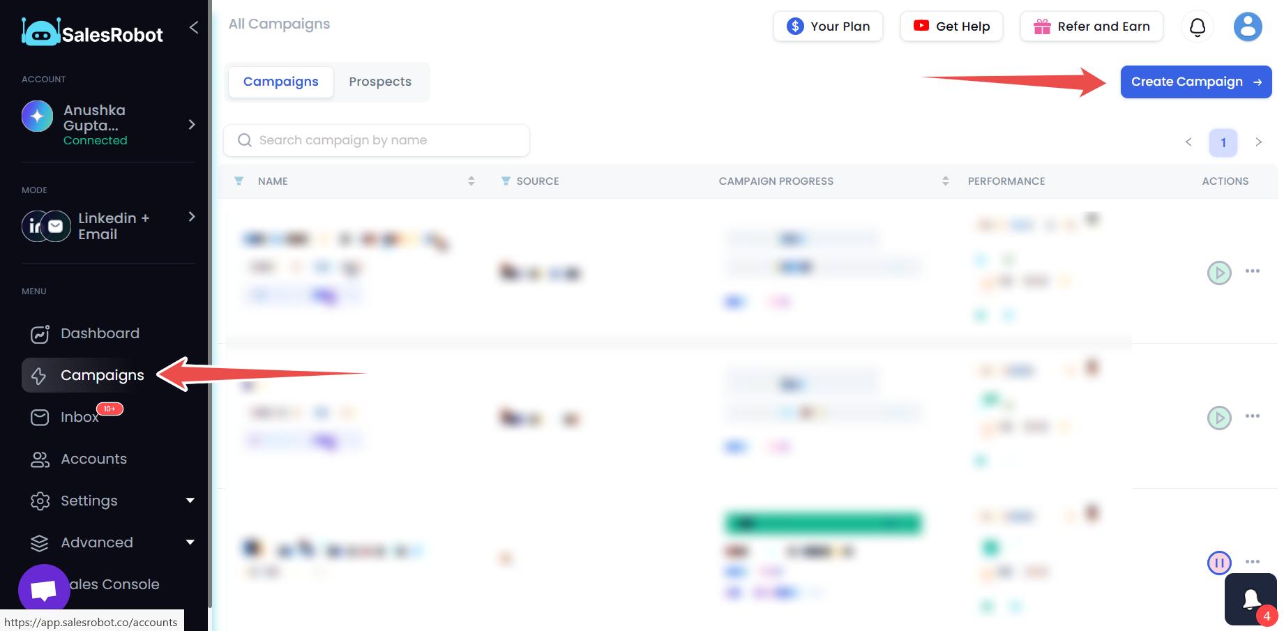 SalesRobot dashboard with navigation arrows pointing to 'Campaigns' and 'Create Campaign'.