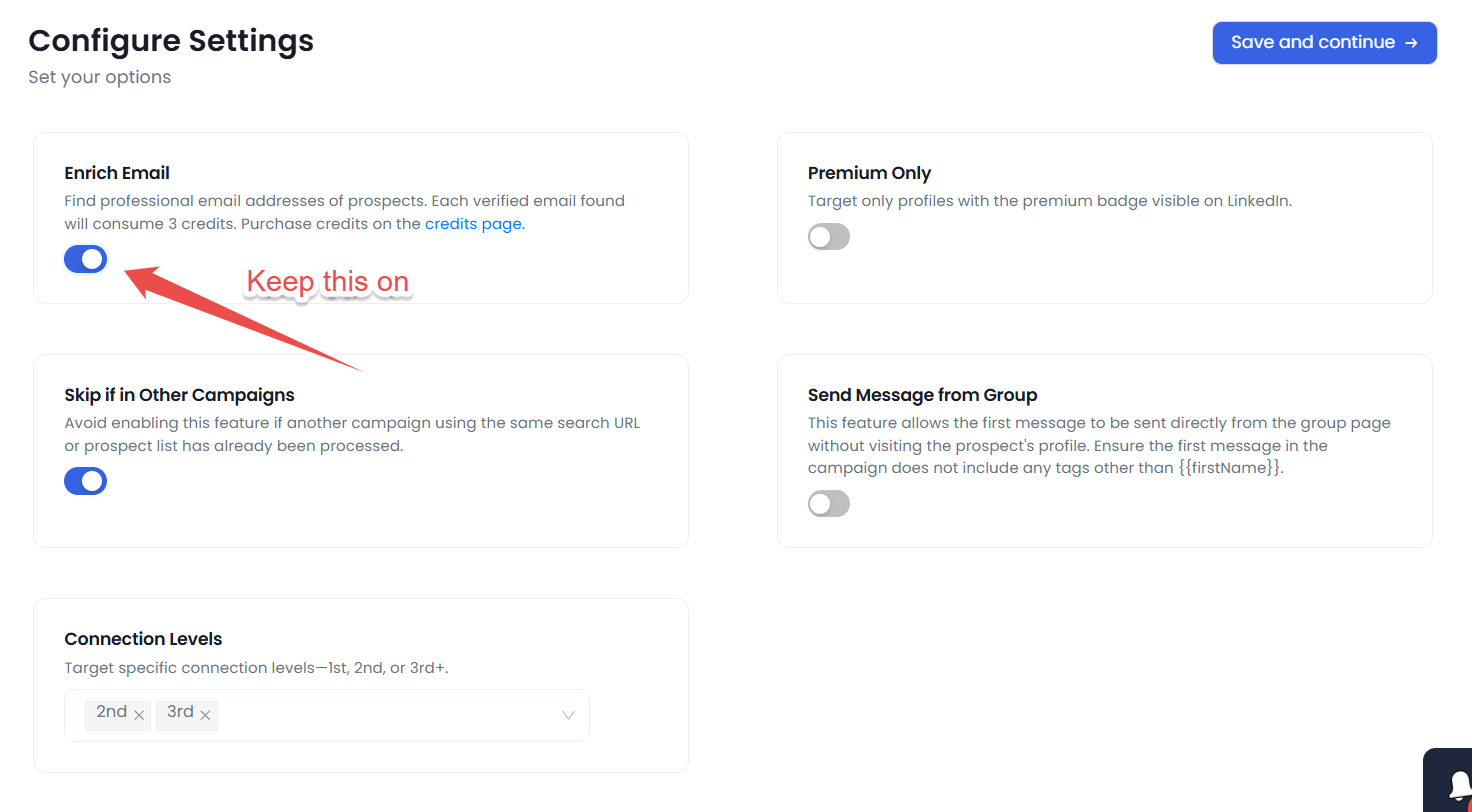 Screenshot of configuration settings with an arrow indicating to keep the 'Enrich Email' option on.