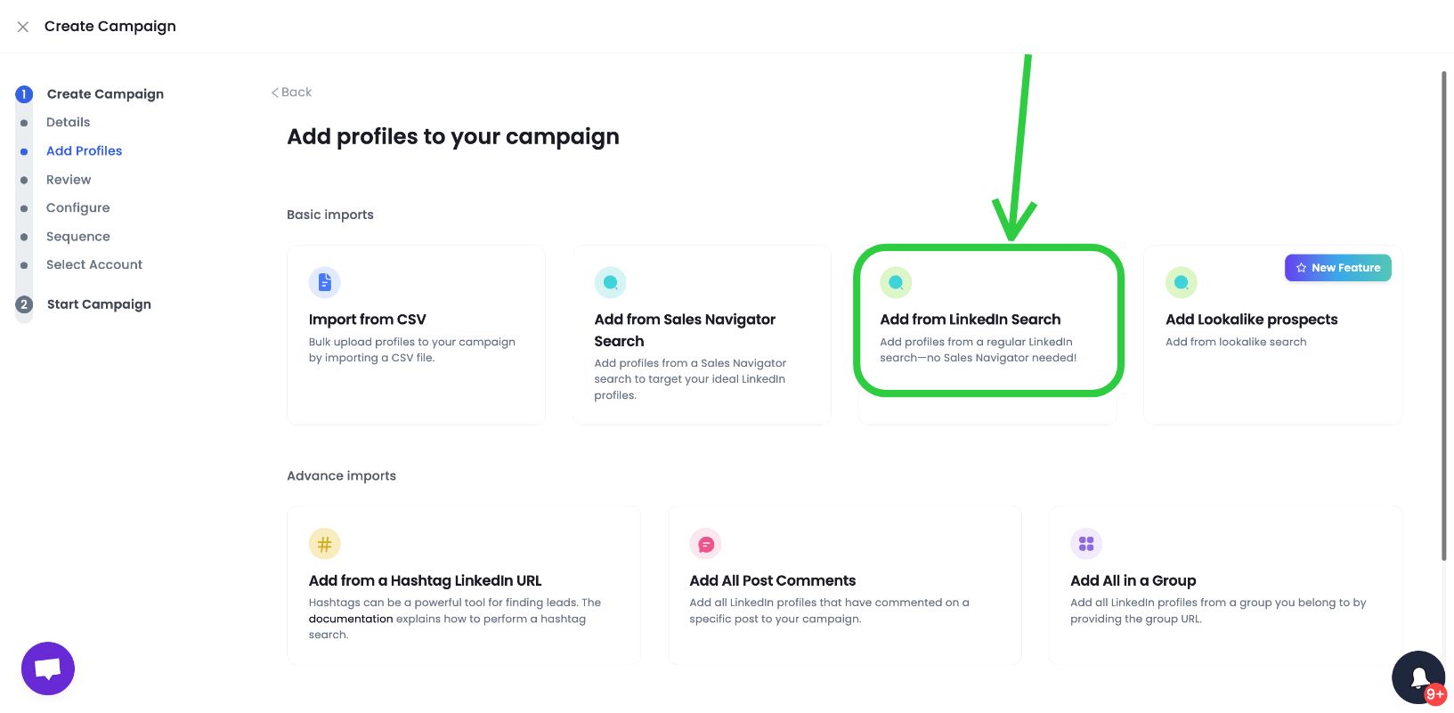 A screenshot of a screen showing LinkedIn outreach campaign options.