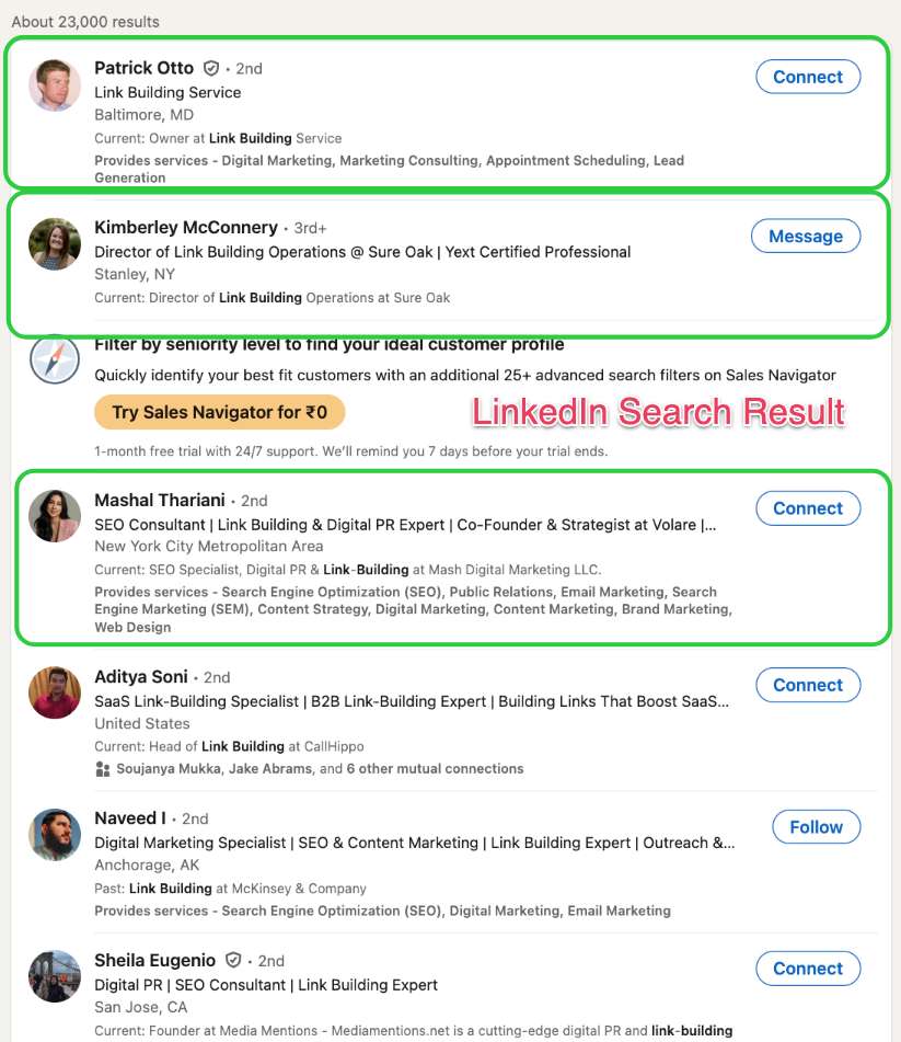 A LinkedIn search result page showing various profiles with the keywords 'Link Building'.