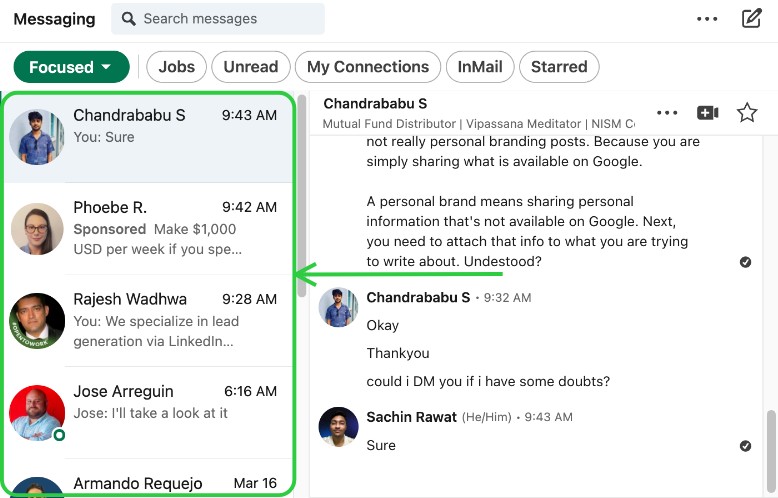 LinkedIn Messaging focused inbox view.