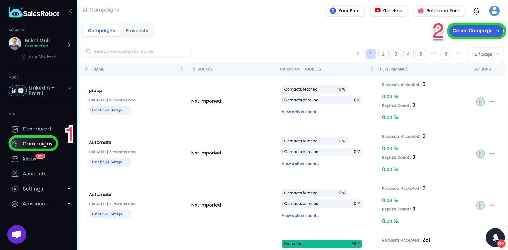 SalesRobot's campaign dashboard.