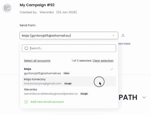 User selecting an email account from a dropdown list to send emails from