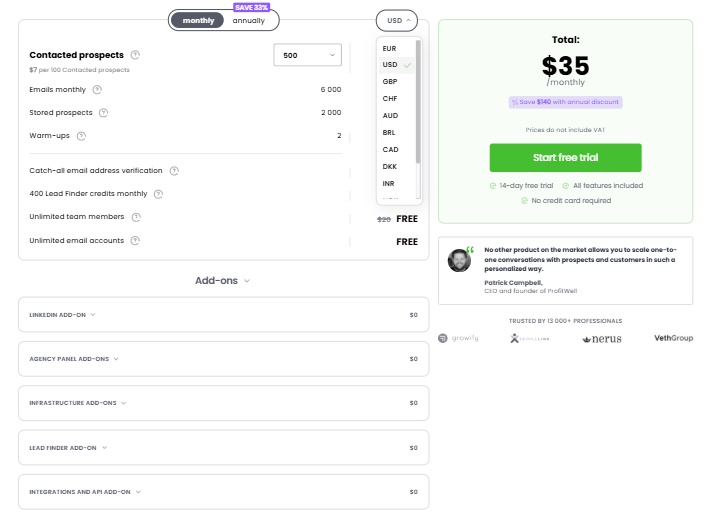 Pricing page for Woodpecker.io showing monthly and annual plans with different features and costs 