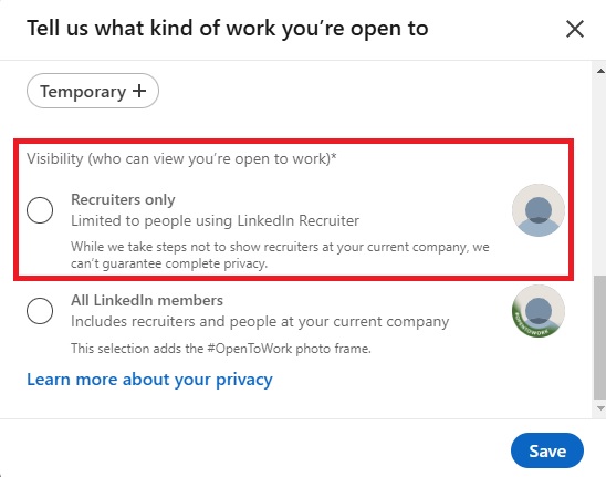 Images of linkedin open to work filter