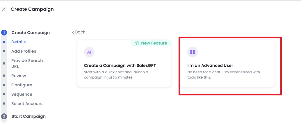 Image of salesrobot i’m an advanced user option