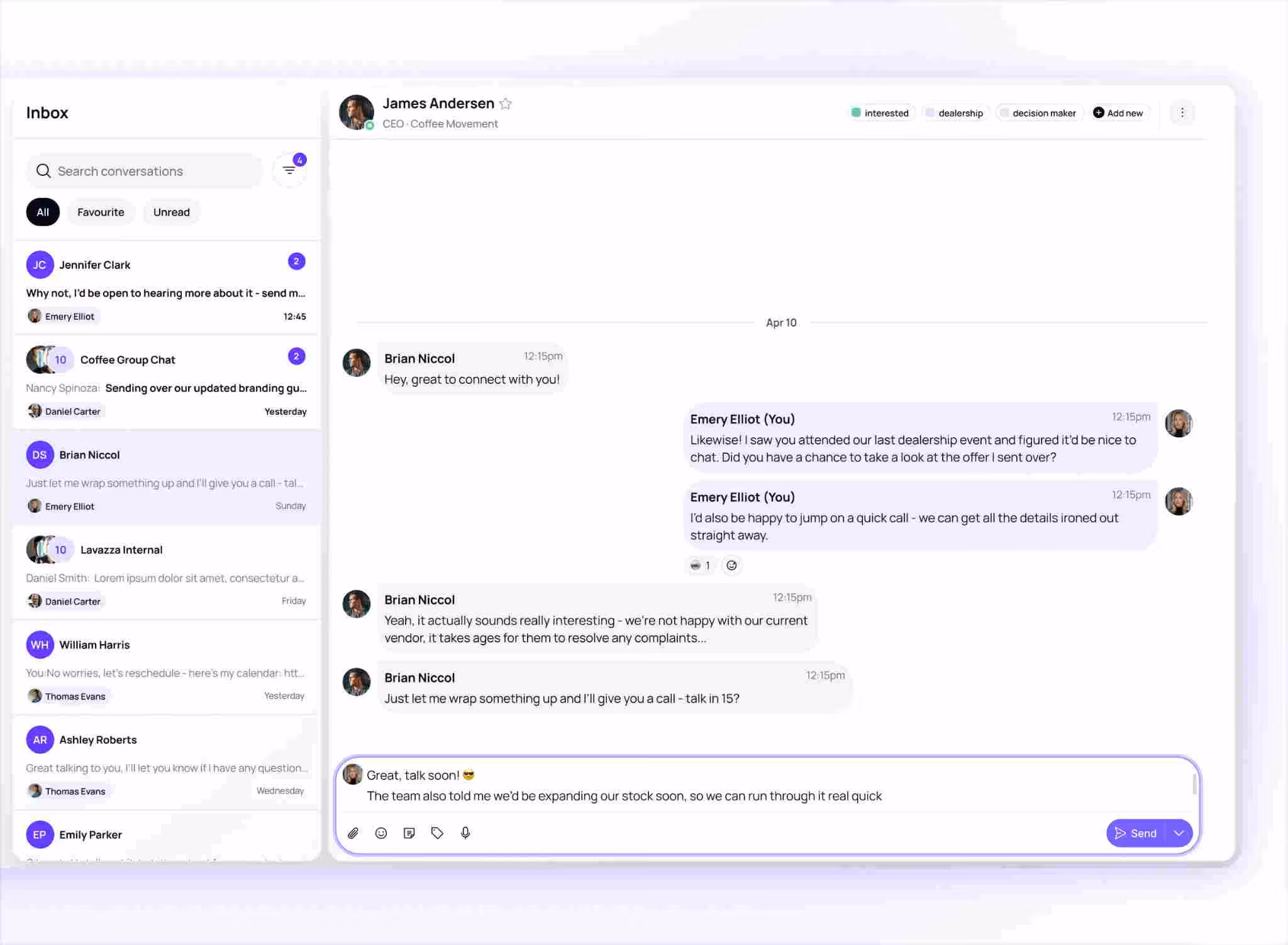 A screenshot of a LinkedIn messaging interface displaying conversations and contact information.