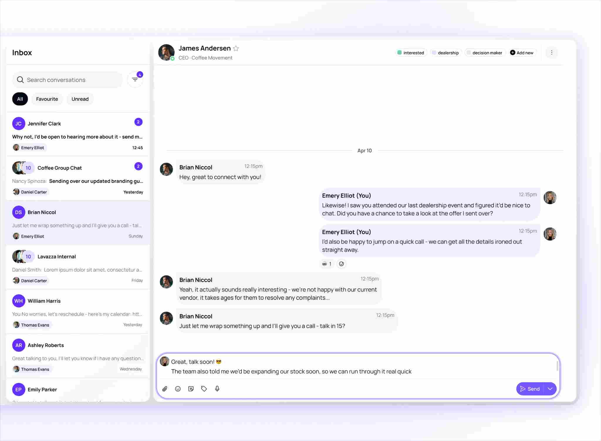 LinkedIn messaging interface with contacts and message history