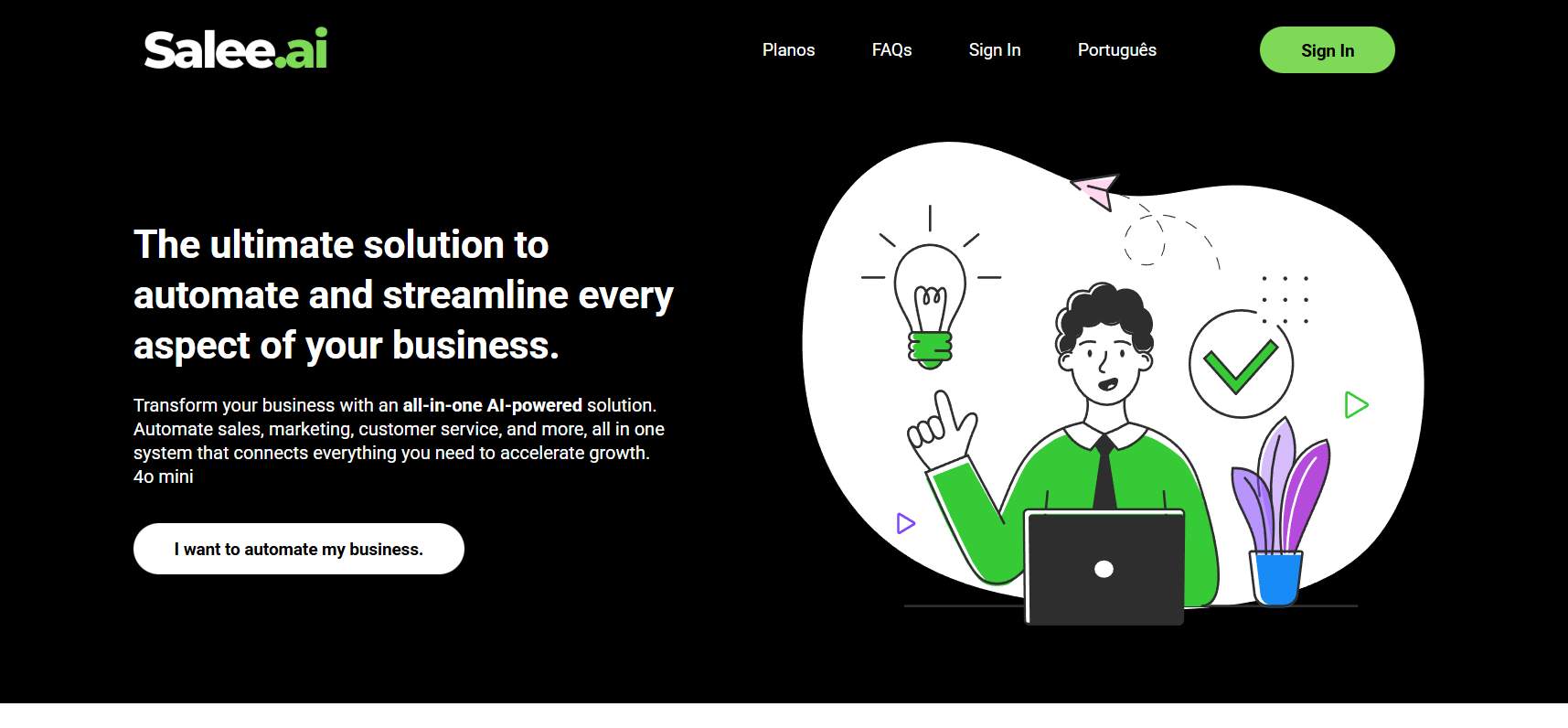 Illustration of a person sitting at a laptop with a lightbulb above their head, representing AI business solutions.