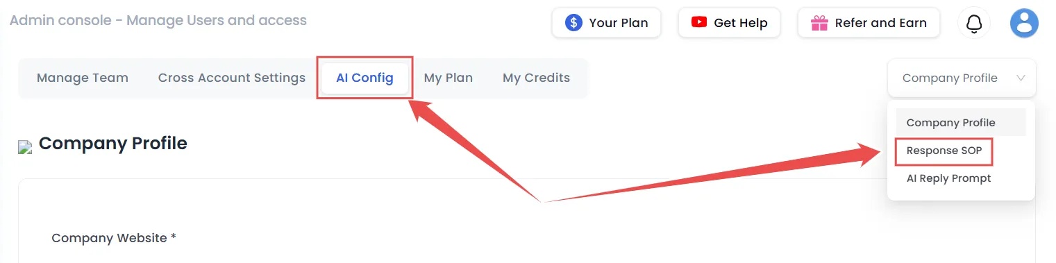 Screenshot of AI Config button and Company Profile menu with options for Company Profile, Response SOP, and AI Reply Prompt.