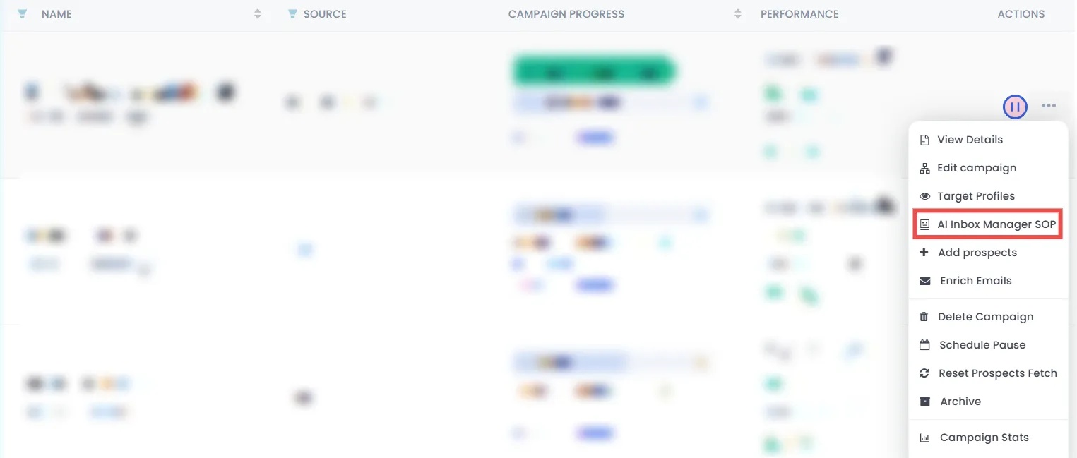 Campaign management options: view details, edit campaign, target profiles, AI inbox manager SOP, add prospects, enrich emails, delete campaign, schedule pause, reset prospects fetch, archive campaign, campaign stats.