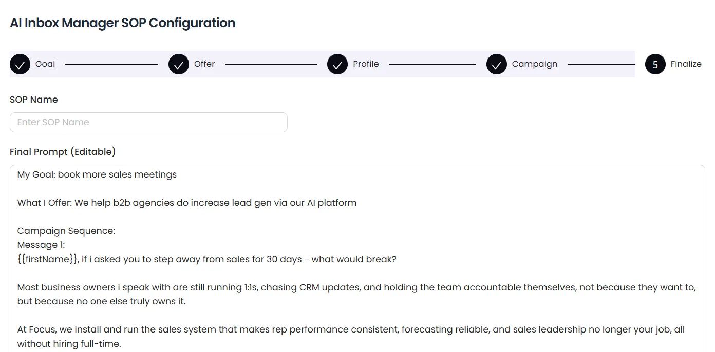 Final step of the AI Inbox Manager SOP Configuration: Campaign, which includes a final prompt and SOP name.