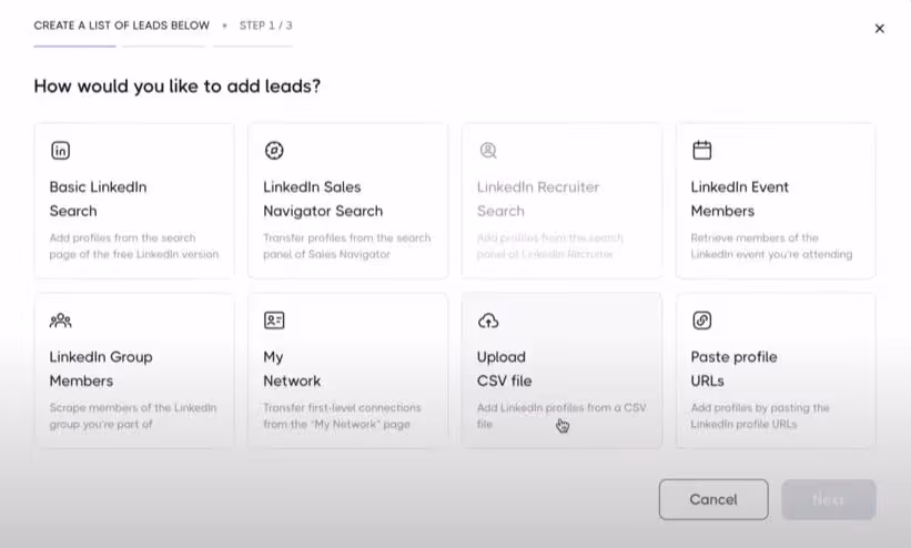 A page to create a list of leads with options for LinkedIn searches and CSV upload.