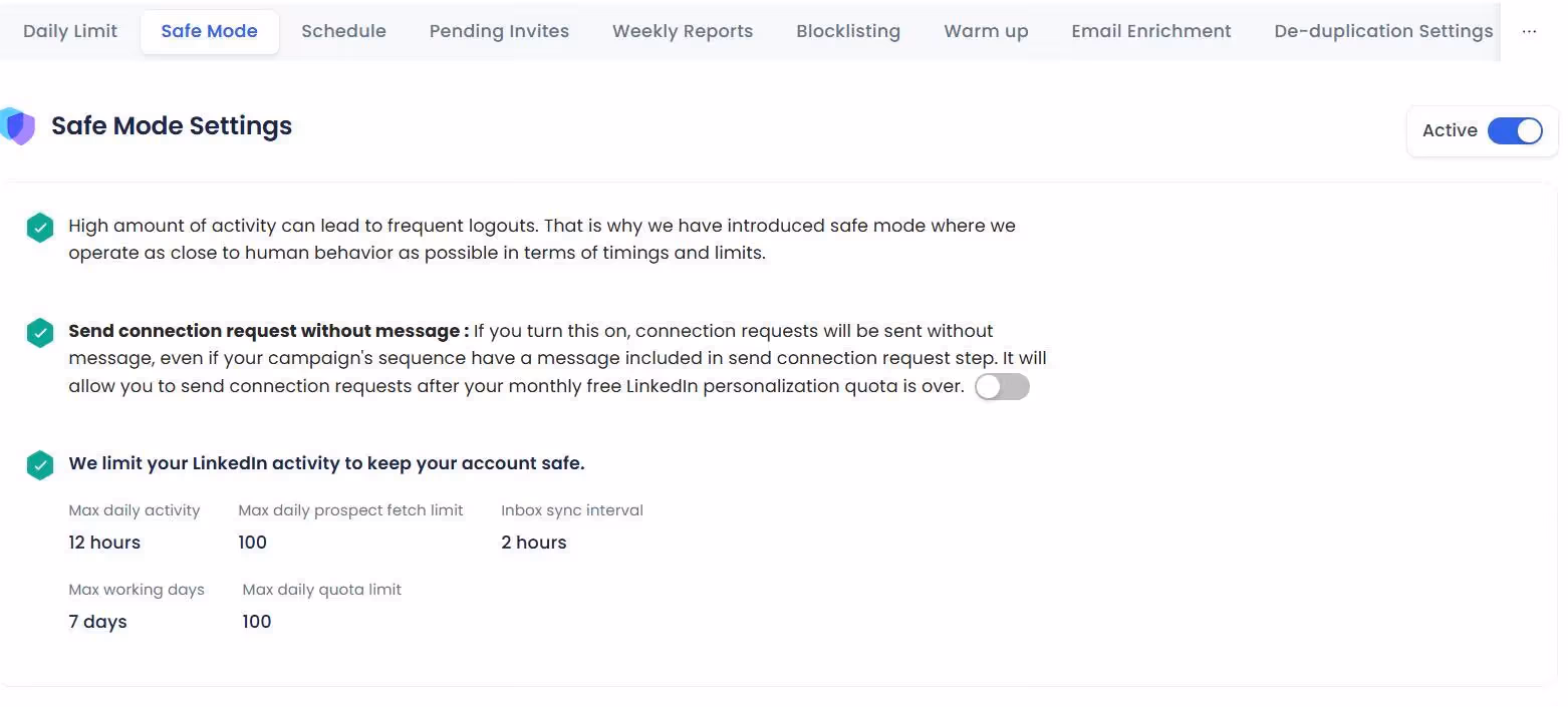 SalesRobot Safe Mode Settings.