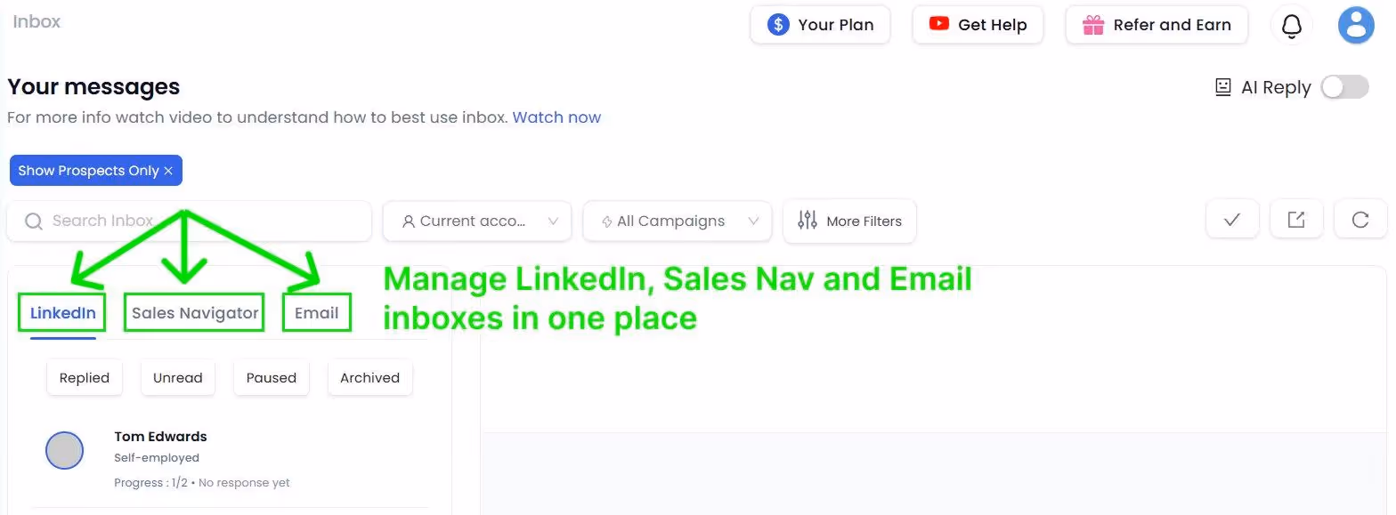 QuickMail inbox with LinkedIn, Sales Nav, and Email management.