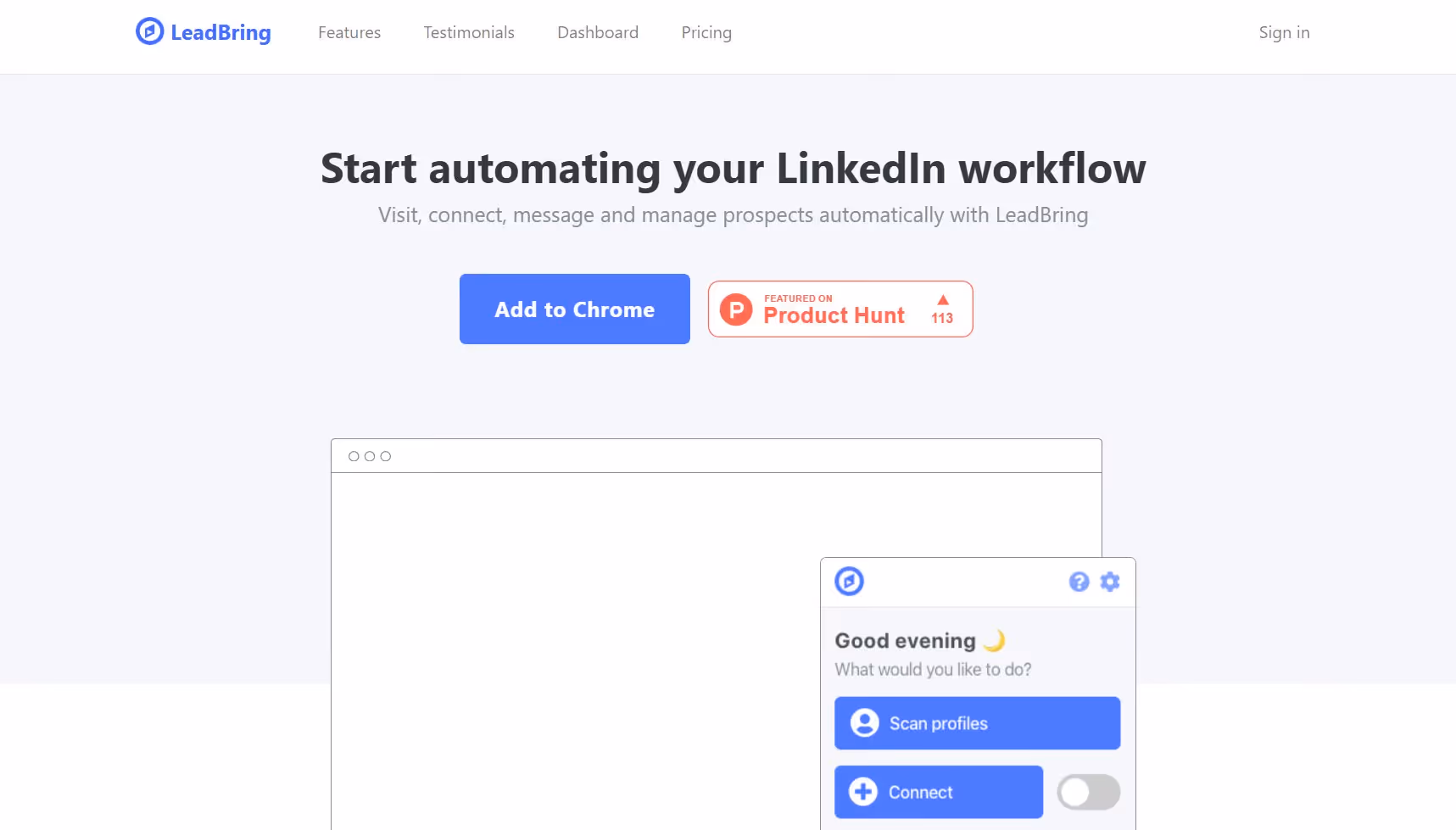 LeadBring homepage with headline "Start automating your Linkedin workflow"
