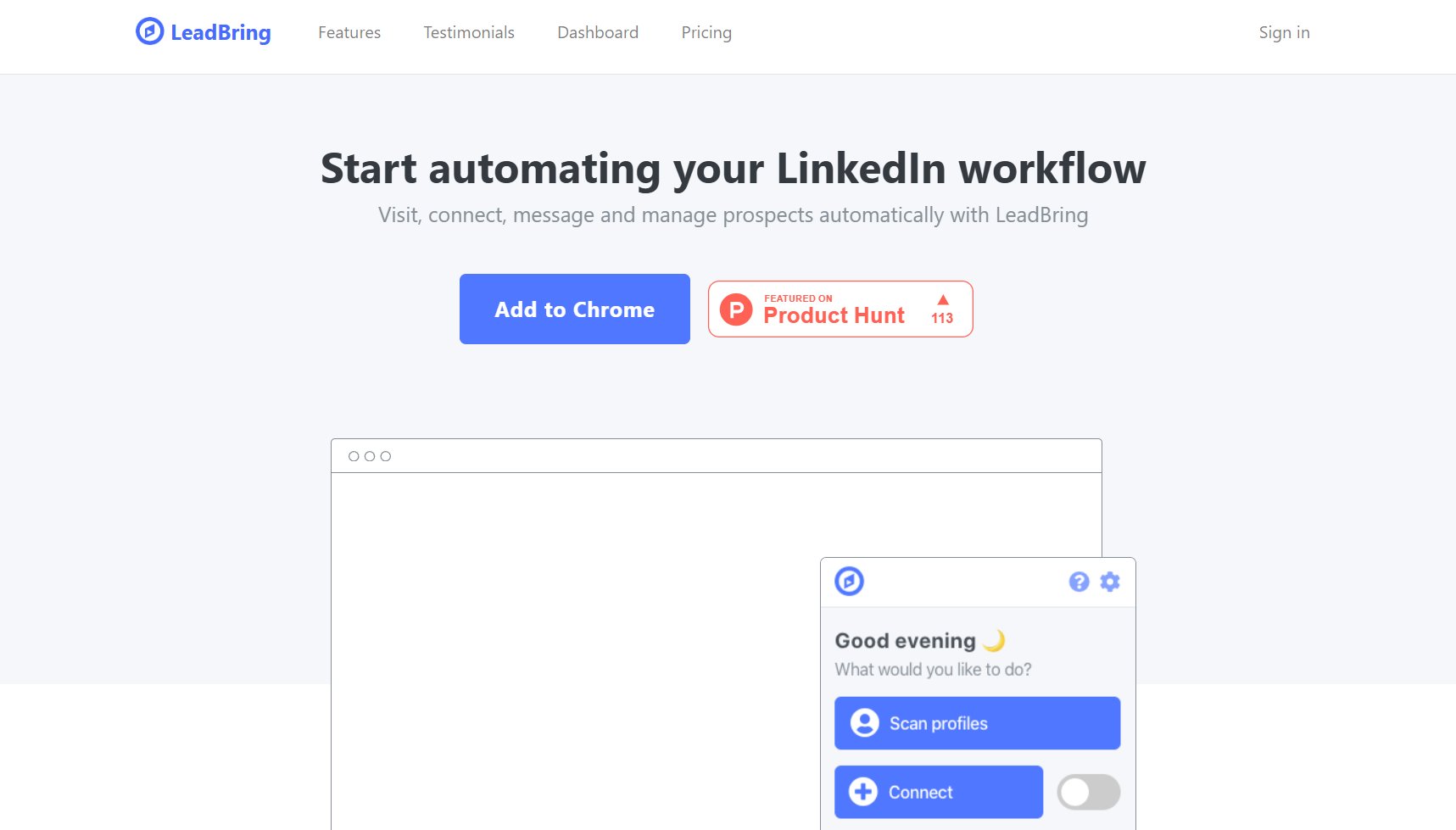 LeadBring homepage with headline "Start automating your Linkedin workflow"