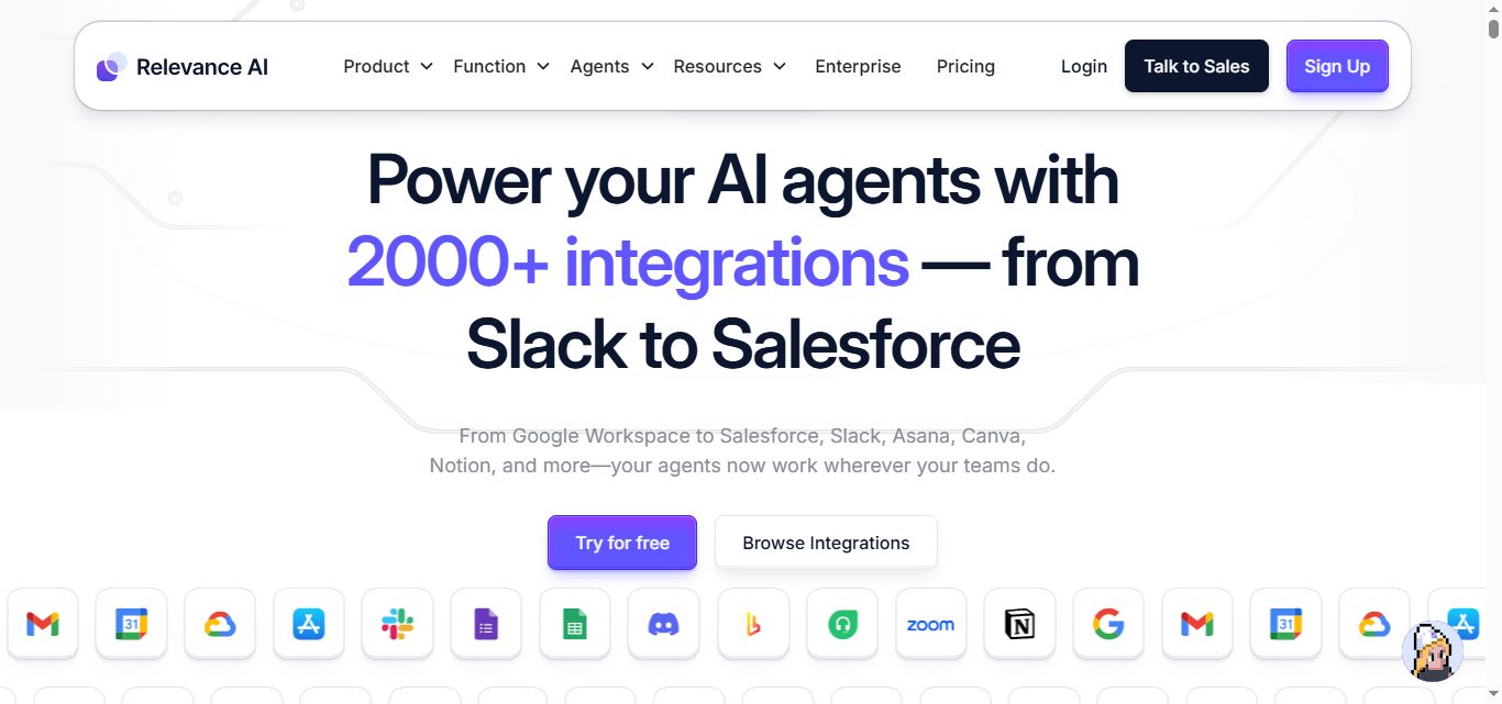 Screenshot of the Relevance AI website emphasizing 2000+ integrations.