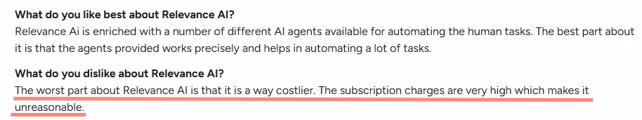 Review of Relevance AI stating "The worst part about Relevance AI is that it is a way costlier. The subscription charges are very high which makes it unreasonable