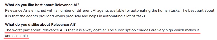 Review of Relevance AI stating "The worst part about Relevance AI is that it is a way costlier. The subscription charges are very high which makes it unreasonable