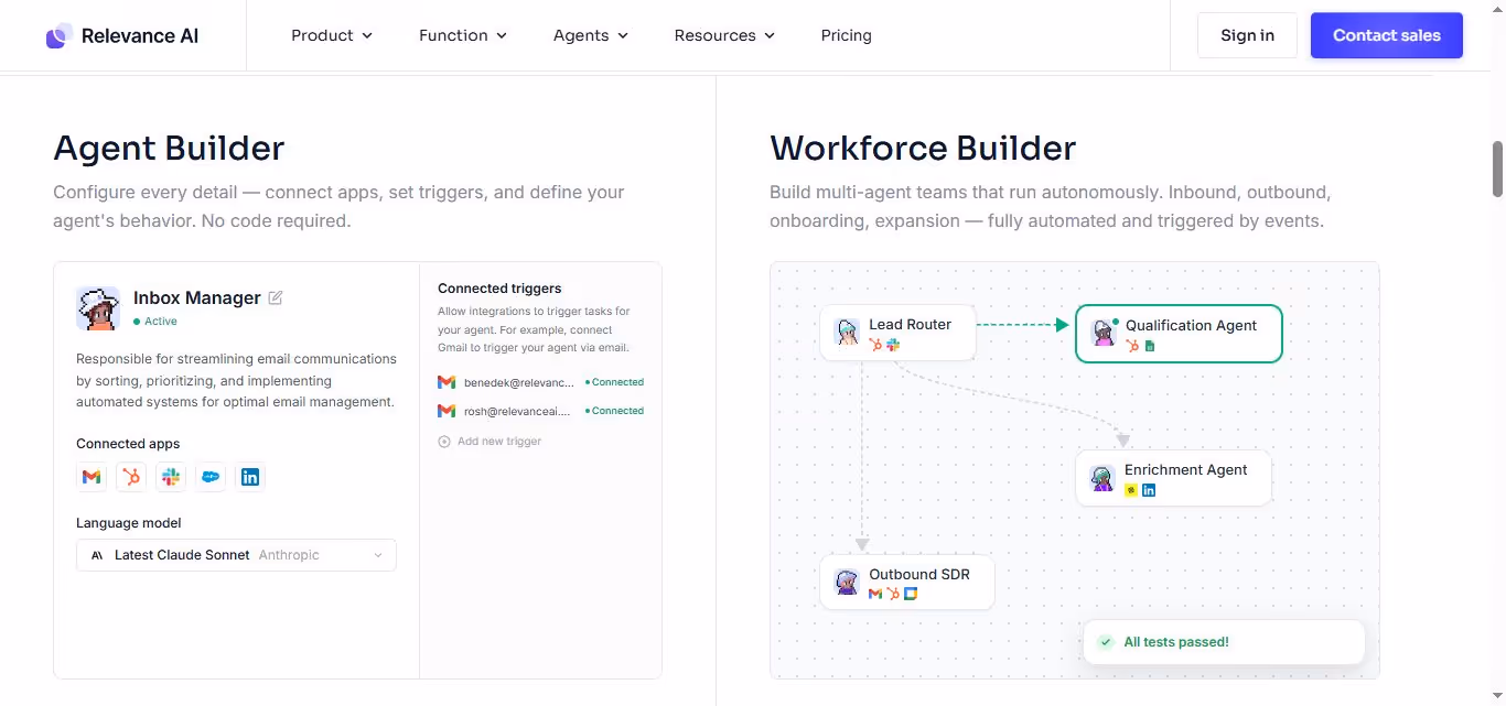  Diagram showing "Agent Builder" with "Inbox Manager" and "Workforce Builder" with "Lead Router", "Qualification Agent", and "Enrichment Agent" 