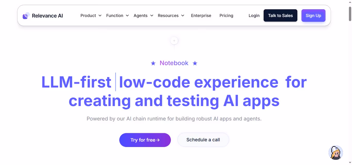 Screenshot of the Relevance AI homepage with the title "LLM-first | low-code experience for creating and testing AI apps