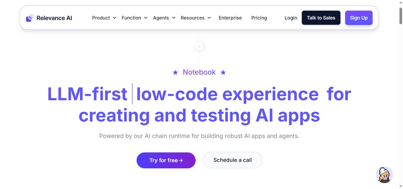 Screenshot of the Relevance AI homepage with the title "LLM-first | low-code experience for creating and testing AI apps