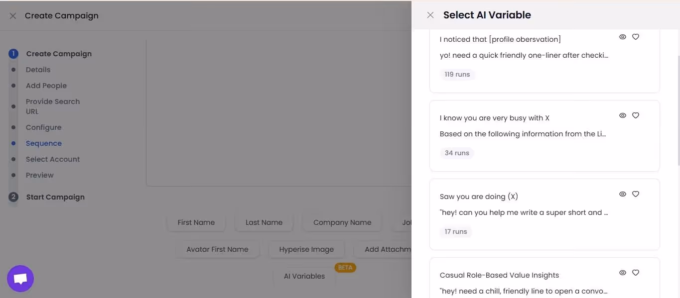 SalesRobot "Create Campaign" page, showing AI Variables dropdown with options like "I noticed that [profile observation]" and "I know you are very busy with X"