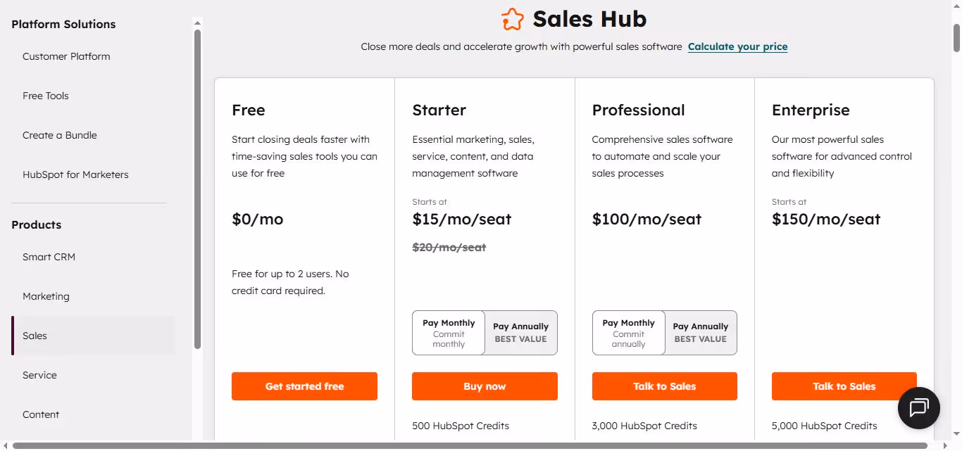 HubSpot Sales Hub pricing page showing Free, Starter, Professional, and Enterprise plans.