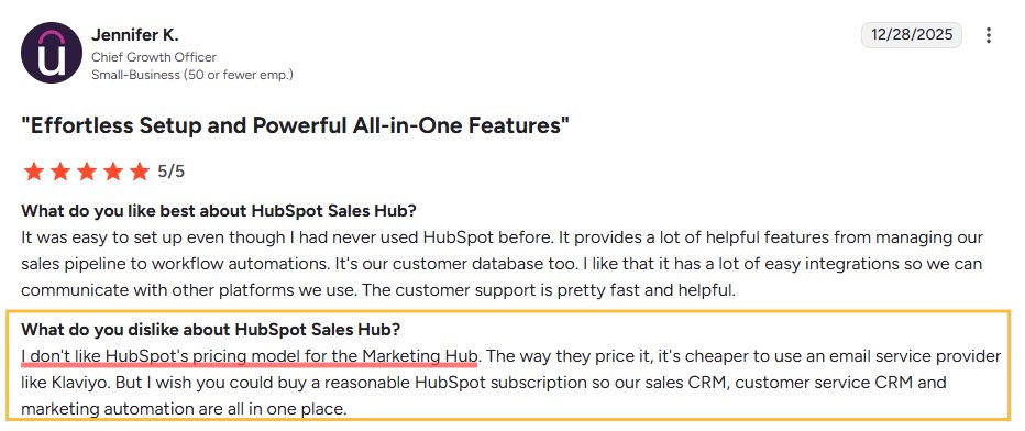 Jennifer K. review of HubSpot Sales Hub, praising its setup and features but disliking the pricing model for Marketing Hub.