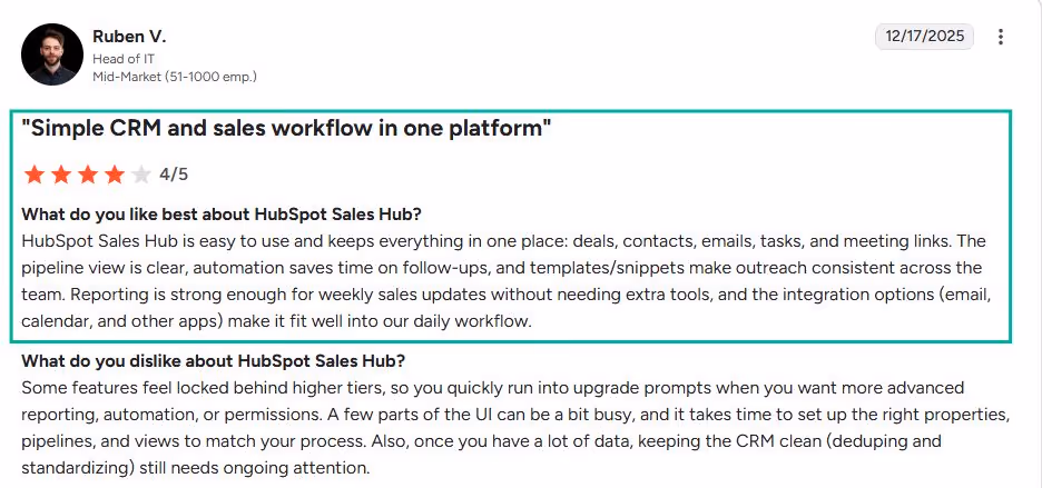 Ruben V. review of HubSpot Sales Hub, appreciating its simple CRM and sales workflow but noting limitations in higher tiers and UI.