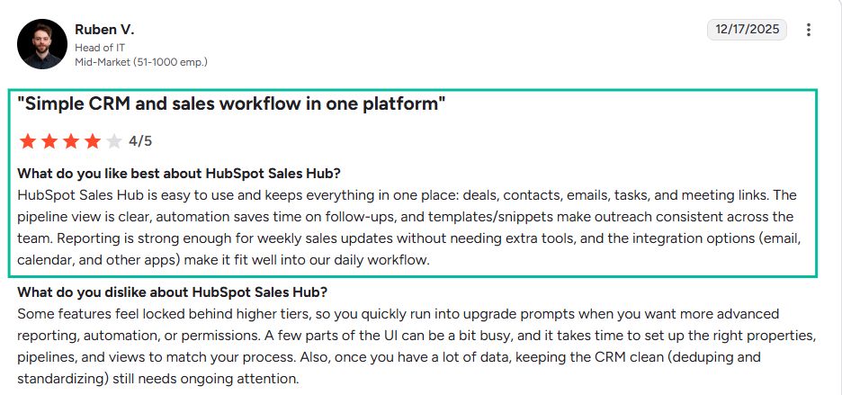 Ruben V. review of HubSpot Sales Hub, appreciating its simple CRM and sales workflow but noting limitations in higher tiers and UI.