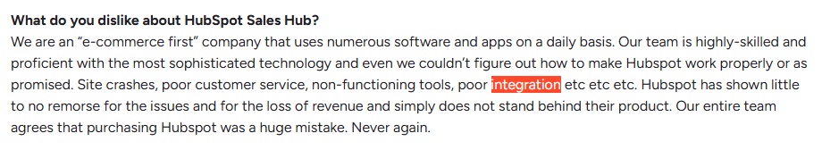 Negative review of HubSpot Sales Hub, citing issues with site crashes, poor customer service, and non-functioning tools
