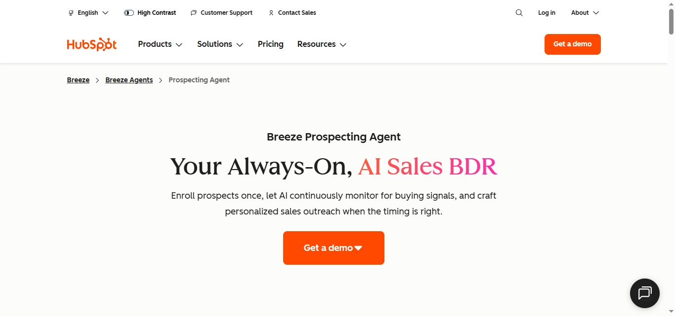 Screenshot of the Breeze Prospecting Agent landing page, highlighting 'Your Always-On, AI Sales BDR'.
