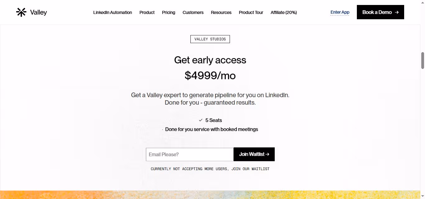 Valley Studios page offering early access to their services.