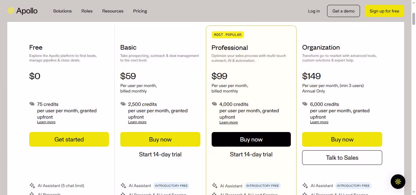 Apollo pricing page with Free, Basic, Professional, and Organization plans.