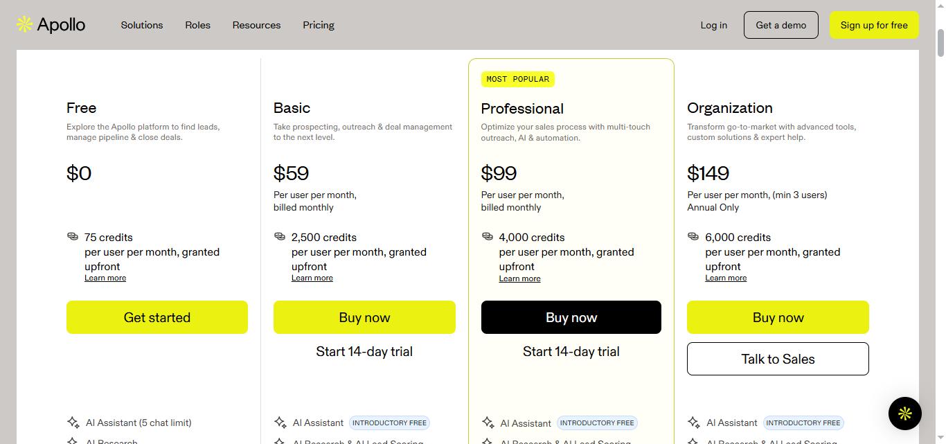 Apollo pricing page with Free, Basic, Professional, and Organization plans.
