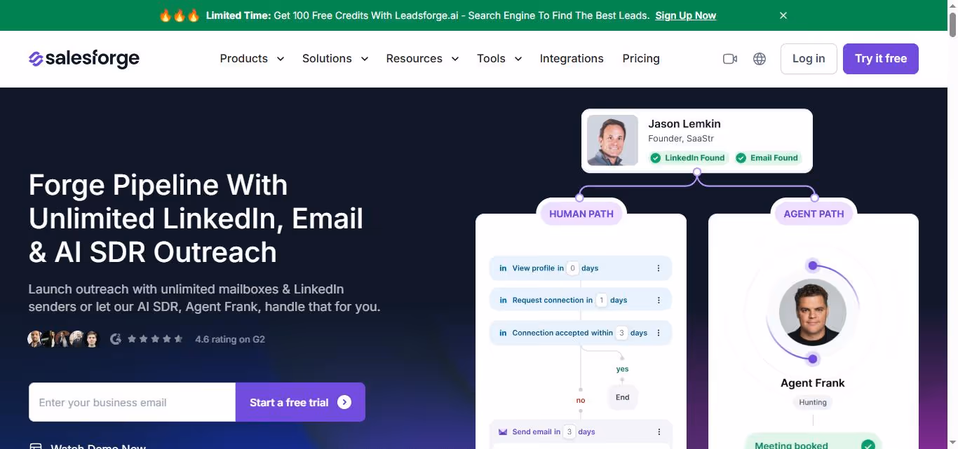 Salesforce homepage featuring unlimited LinkedIn, Email & AI SDR Outreach.