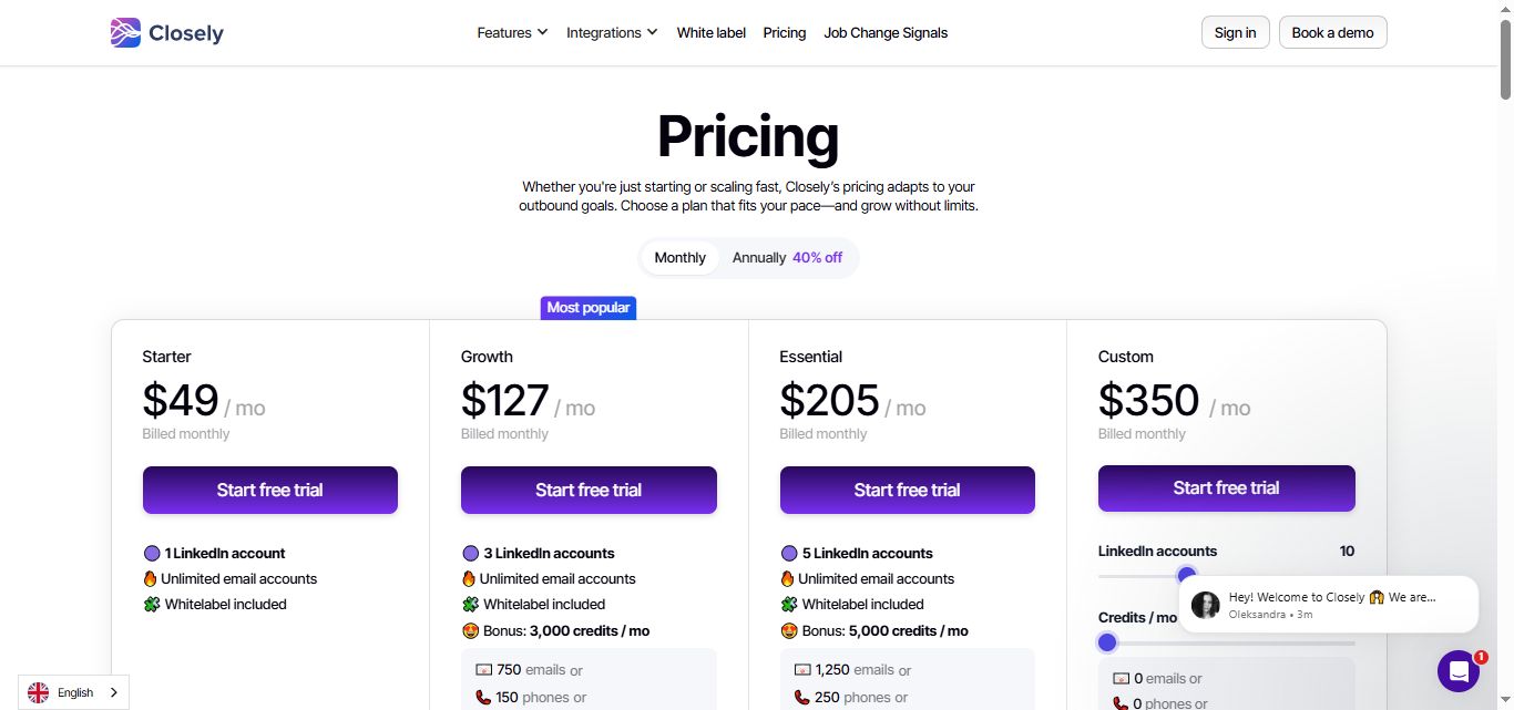 Pricing plans for Closely: Starter, Growth, Essential, and Custom