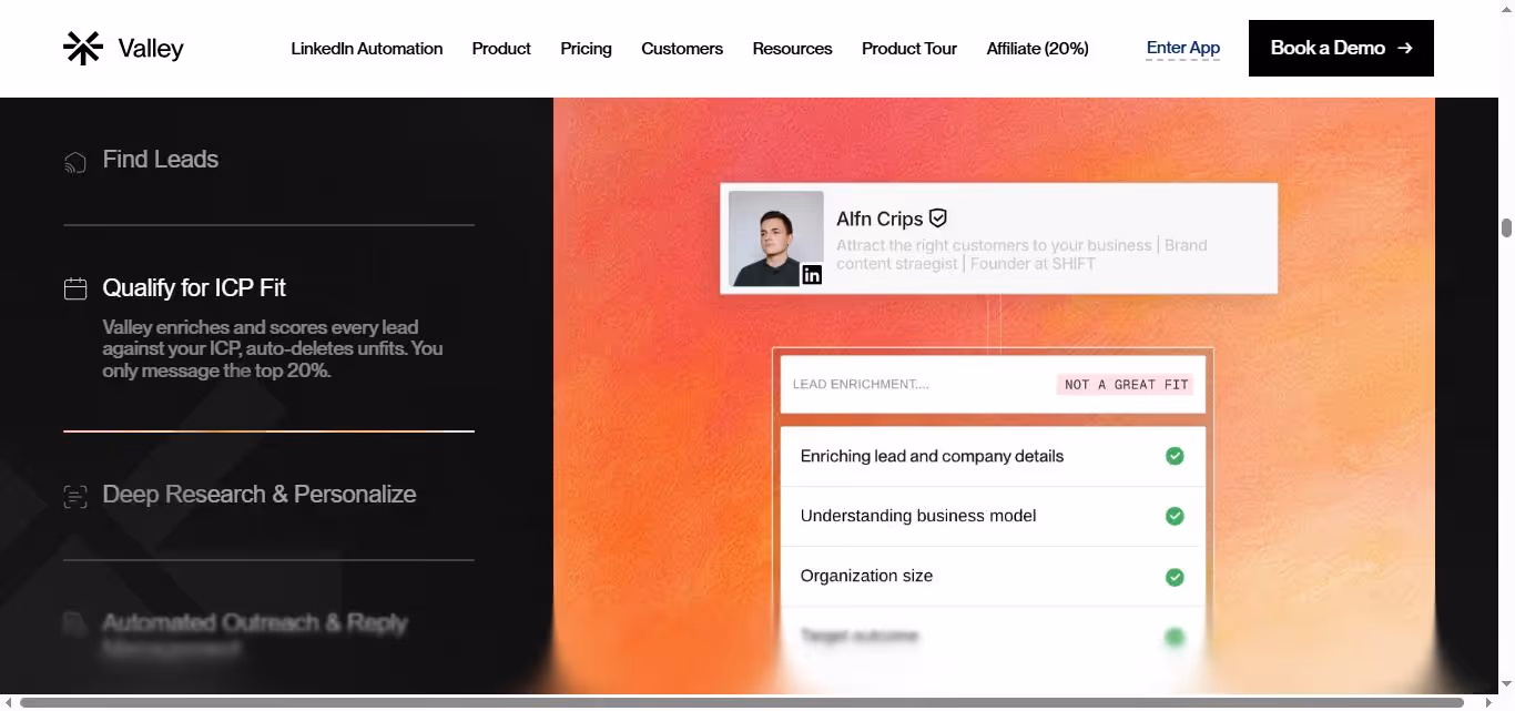 Screenshot of Valley's lead qualification and enrichment feature, showing prospect details and filtering options