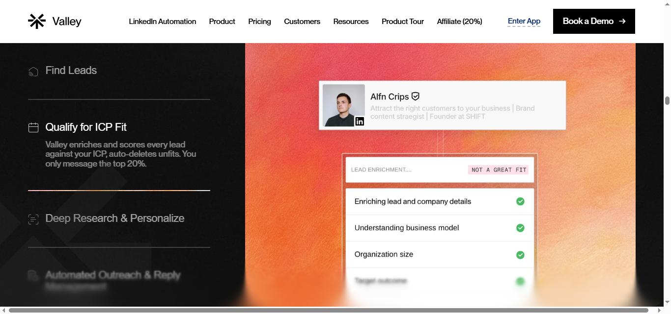 Screenshot of Valley's lead qualification and enrichment feature, showing prospect details and filtering options