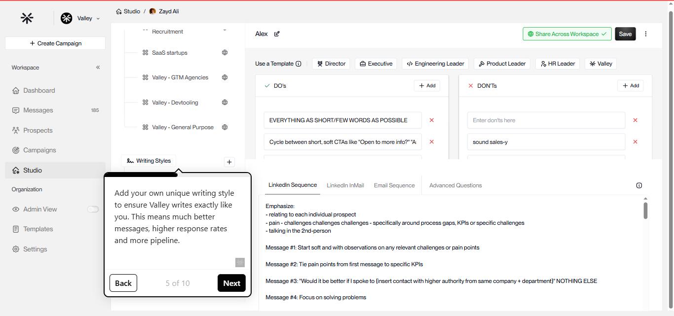 Valley Studio interface for creating LinkedIn campaigns, with options for "DO's" and "DON'Ts" and writing style settings