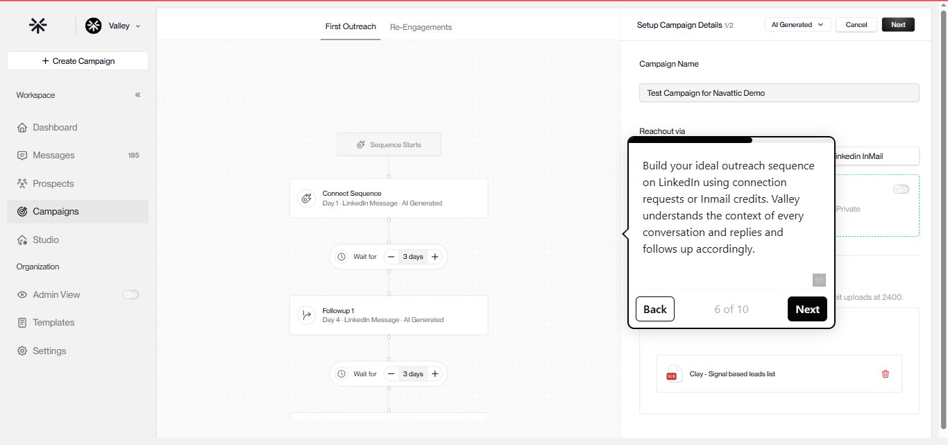 Valley Campaigns interface, illustrating the setup of an automated outreach sequence with connection requests and follow-ups