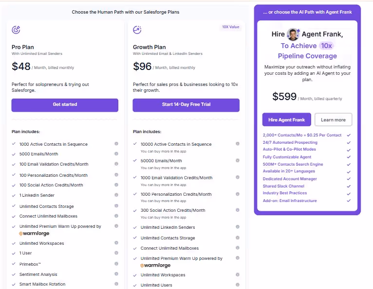 Salesforce plans comparison for Pro and Growth with AI Agent option.