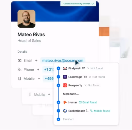 Screenshot of a contact card being enriched with data.