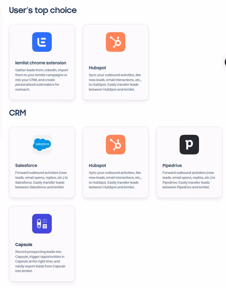 Lemlist integrations with various CRMs.